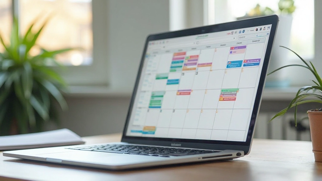 Kalender op scherm met gekleurde geblokeerde tijdssloten voor verschillende taken en projecten