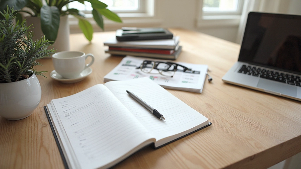 Georganiseerde werkplek met notitieboek, pen en kopje koffie op een bureau met natuurlijk licht