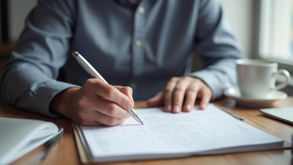 Persoon met pen en papier werkt aan prioriteitsmatrix op een bureau met kopje koffie