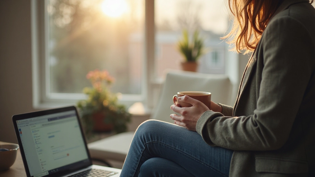 Persoon neemt pauze bij raam met kopje thee en kijkt uit over landschap