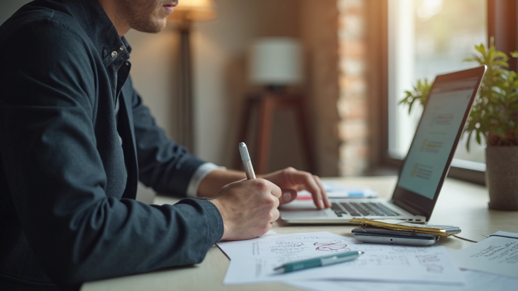 Persoon werkt aan laptop met prioriteitslijst en notities op het bureau