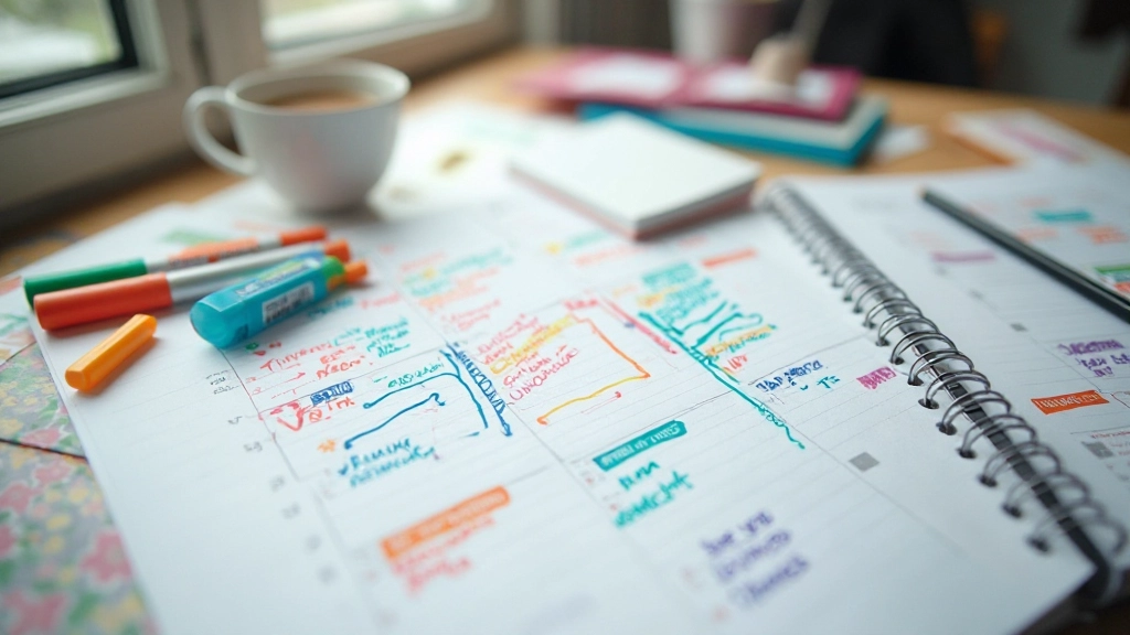 Dagplanner met gekleurde blokken en gestructureerde tijdsblokken ingedeeld