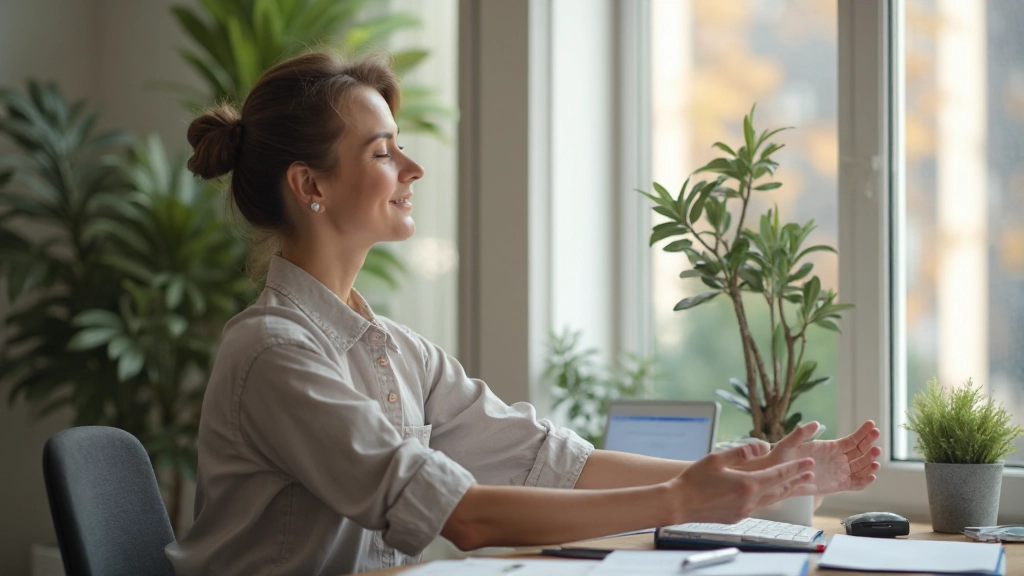 Persoon doet stretchoefeningen bij bureau met zonlicht dat door het raam naar binnen komt
