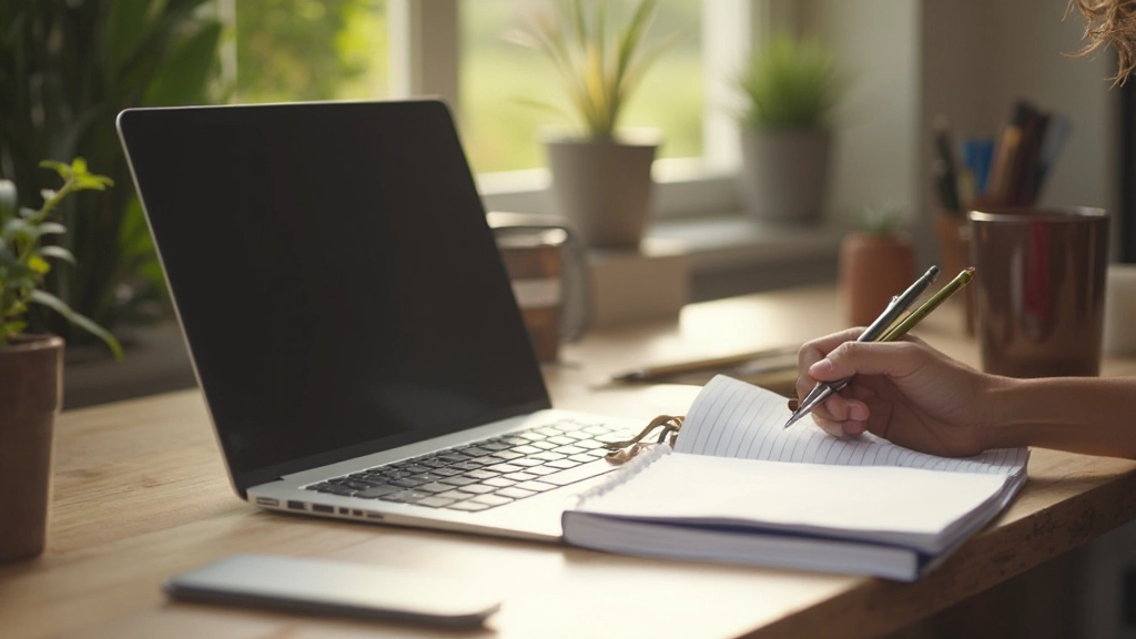 Werkplek met laptop en papieren notitieboek naast elkaar
